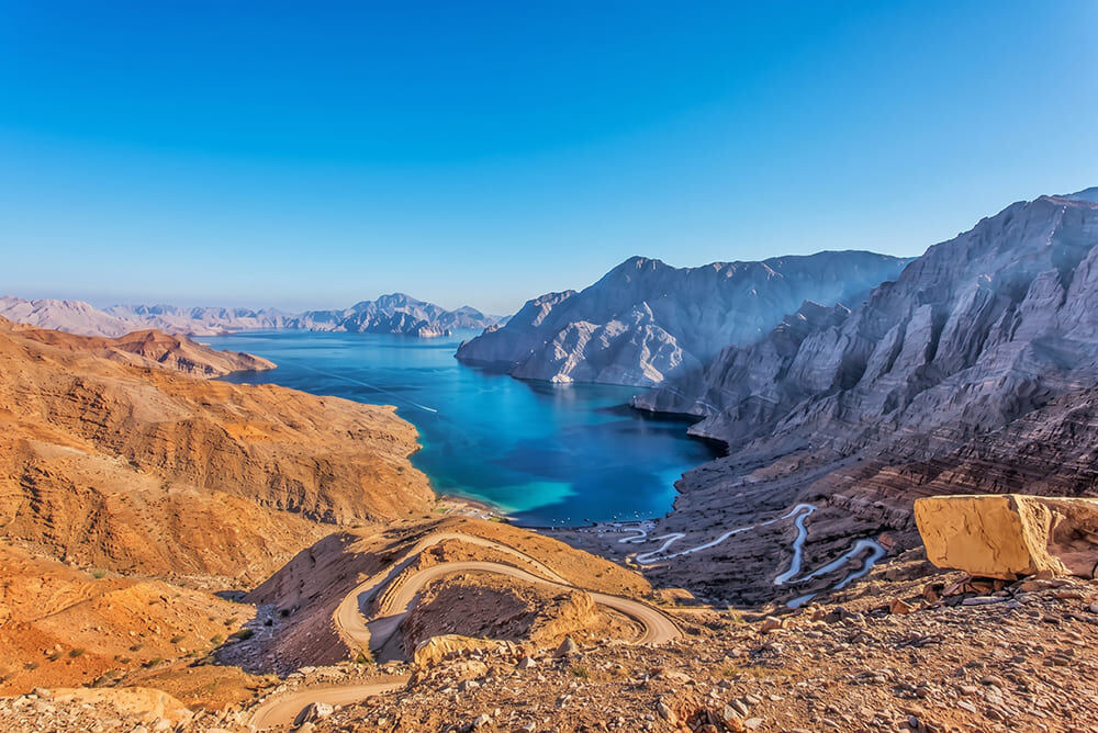Spectacular panoramic view of Khor Najd from the winding mountain road of Jebel Harim